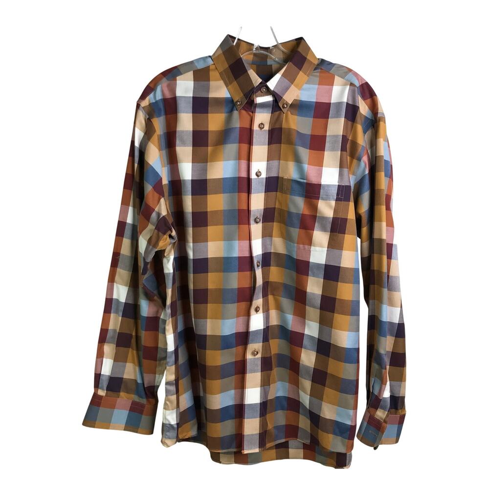Jos A. Bank Button Down Shirt Mens Sz Large Brown Long Sleeve Plaid Tailored Fit